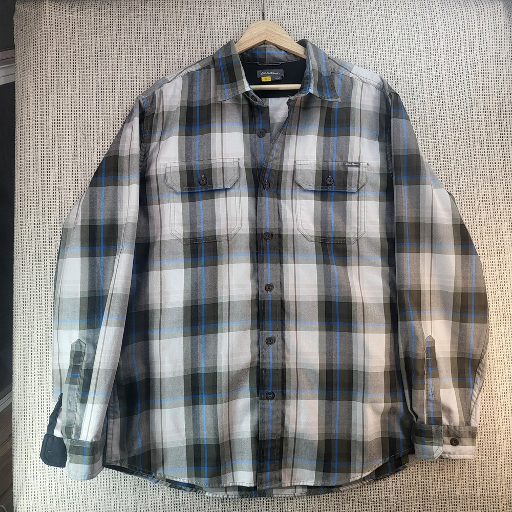 Eddie Bauer Shirt Mens Large Gray Blue‎ Plaid Button Up Long Sleeve Two Pocket